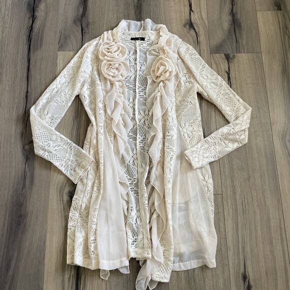 Ryu Ivory Crochet Chiffon Flower Whimsical Long Open Front Cardigan Size Large - Picture 1 of 8